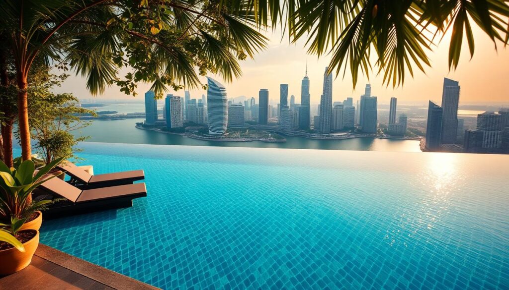 A stunning infinity pool overlooking the Singapore skyline, its crystalline waters reflecting the city's iconic skyscrapers. The pool's edge seamlessly blends into the horizon, creating an illusion of boundless blue. Lush tropical foliage frames the scene, swaying gently in the warm breeze. Warm, golden sunlight dances across the water's surface, casting shimmering patterns. A modern, minimalist poolside deck invites relaxation, with sleek, geometric loungers providing the perfect vantage point to soak in the breathtaking panorama. This serene oasis, nestled amidst the bustling metropolis, offers a truly unique and unforgettable swimming experience.