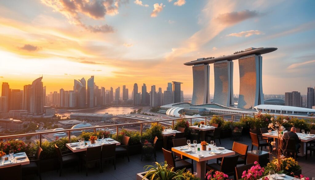 A stunning rooftop dining setting in the heart of Singapore, bathed in warm golden light. The city skyline stretches out in the background, with iconic skyscrapers and the iconic Marina Bay Sands silhouetted against a vibrant sunset sky. In the foreground, a chic open-air restaurant terrace with elegant tables and chairs, framed by lush greenery and blooming flowers. Diners enjoy a panoramic view of the glittering metropolis, creating an atmosphere of sophisticated elegance and tranquility high above the bustling streets below.