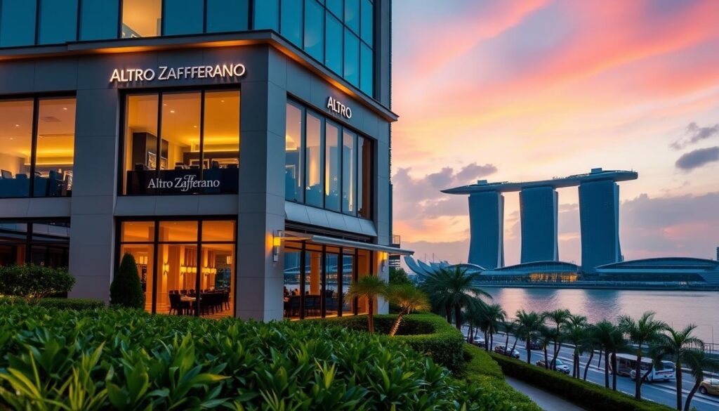 A stunning view of Altro Zafferano, a Michelin-recommended Italian restaurant nestled in the heart of Singapore's Marina Bay. The restaurant's elegant facade stands tall, reflecting the shimmering waters of the bay. Warm, golden lighting spills out from the expansive windows, creating a welcoming ambiance. In the foreground, lush greenery and well-manicured landscaping frame the scene, while the iconic Marina Bay Sands towers majestically in the background, their distinctive architecture silhouetted against a vibrant evening sky. The image captures the refined, sophisticated atmosphere of this acclaimed dining destination, inviting the viewer to imagine the delectable Italian flavors and impeccable service within.