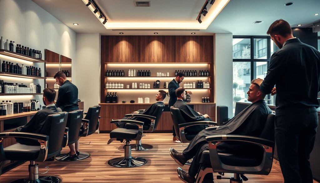A stylish yet inviting hair salon interior, with sleek modern decor and sophisticated lighting. The foreground features a row of stylish barber chairs, each with a well-groomed male customer being tended to by a professional stylist. The middle ground showcases various hair products and tools displayed artfully on shelves. The background depicts a warm, minimalist ambiance with muted colors, natural wood accents, and large windows letting in soft, even lighting. The overall impression conveys a premium, high-end experience tailored to discerning male clientele.