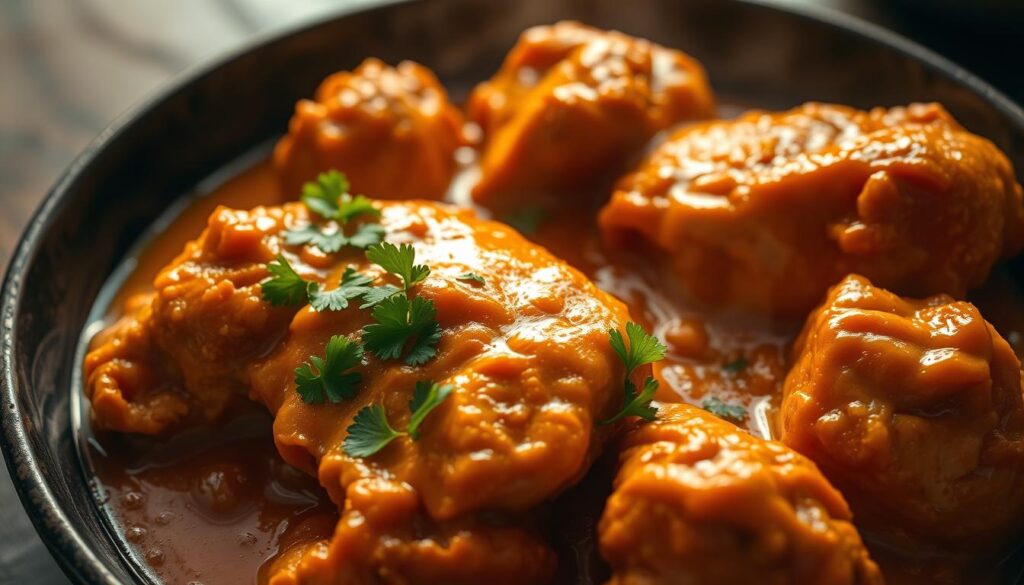 A succulent close-up of velvety butter chicken, steaming hot and glistening with a rich, creamy sauce infused with the aromatic notes of fenugreek. The chicken thighs are fork-tender, coated in a luscious gravy that clings to every nook and cranny. Beams of warm, golden light dance across the surface, casting a captivating glow. The dish is presented on a dark, rustic ceramic plate, the vibrant orange hues of the sauce contrasting beautifully against the muted tones. A sprinkling of freshly chopped cilantro adds a final flourish of color and freshness. The overall scene evokes a sense of comforting indulgence, perfectly suited for an article on Singapore's best butter chicken.