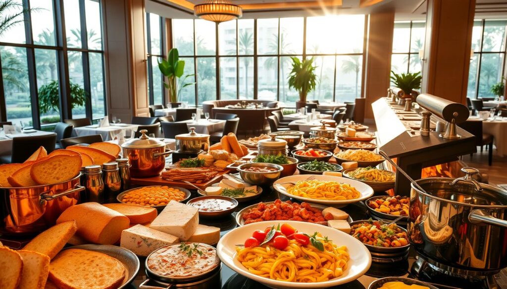 A sumptuous Italian feast unfolds at Basilico, Regent Singapore's renowned restaurant. In the foreground, a lavish spread of authentic Italian delicacies tempts the senses - freshly baked breads, sizzling pastas, and an array of artisanal cheeses. Gleaming copper pots and pans line the buffet, their contents emitting the aroma of garlic, herbs, and simmering sauces. The middle ground showcases the elegantly appointed dining room, with its high ceilings, plush seating, and warm lighting that creates a cozy, inviting ambiance. In the background, floor-to-ceiling windows offer a glimpse of the hotel's lush tropical surroundings, bathed in the soft glow of the afternoon sun. This harmonious scene captures the essence of an authentic Italian feast at Basilico, a culinary haven within the heart of Singapore.
