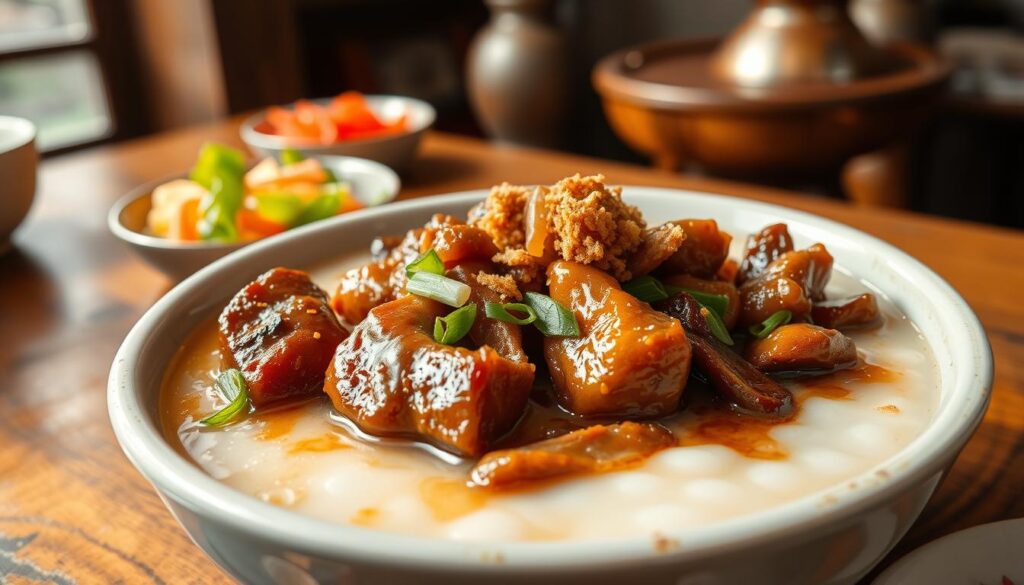 A sumptuous Teochew porridge dish with glistening chunks of braised duck showcased in the foreground, nestled in a bowl of creamy white porridge. The porridge is garnished with sliced scallions, crispy fried shallots, and a drizzle of aromatic sesame oil, creating a harmonious blend of flavors and textures. The middle ground features a rustic wooden table, with a side dish of pickled vegetables adding a refreshing contrast. The background is softly blurred, evoking a cozy, intimate dining atmosphere in a traditional Teochew restaurant. Warm, natural lighting casts a comforting glow over the scene, inviting the viewer to savor the authentic Teochew culinary experience.
