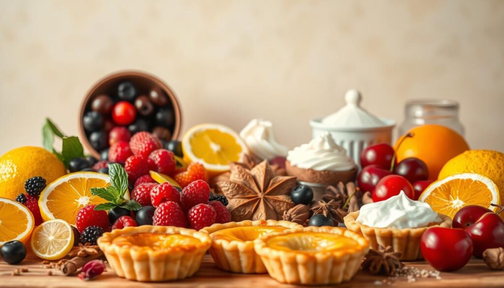 A sumptuous arrangement of premium quality pastry ingredients sits against a softly lit, elegant backdrop. In the foreground, a selection of freshly baked tarts and flaky puff pastry shells take center stage, their golden crusts glistening under warm studio lighting. Surrounding them, an array of vibrant, seasonal fruits - plump berries, juicy citrus slices, and glossy cherries - along with fragrant spices, rich creams, and delicate pastry tools. The overall scene conveys the care, craftsmanship, and attention to detail that defines Singapore's renowned tart-making traditions, hinting at the exceptional flavors and textures that make these desserts truly stand out.