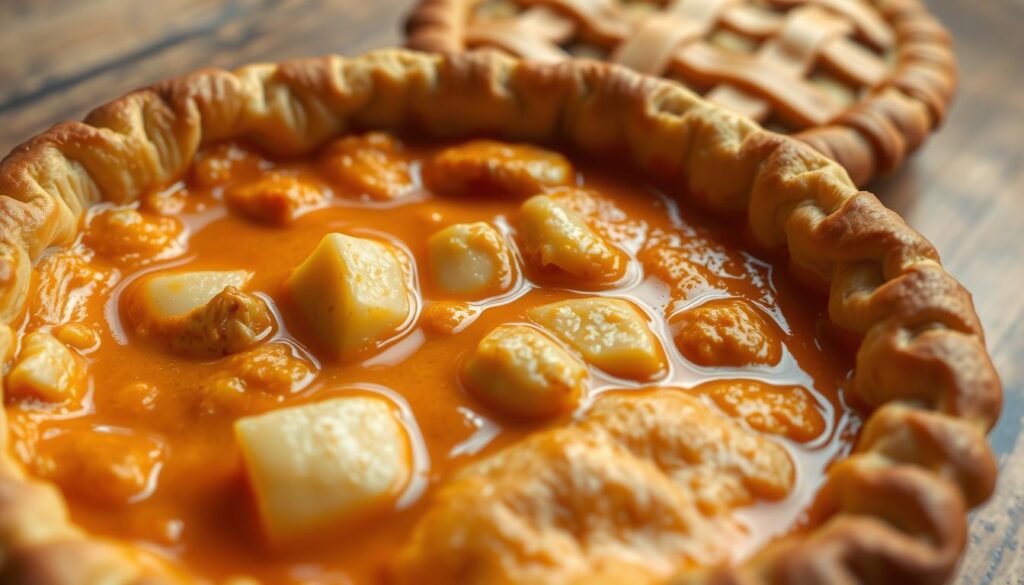A sumptuous butter chicken pot pie nestled in a flaky golden crust, the aroma of fragrant spices wafting through the air. In the foreground, the pie's filling shines with a vibrant orange hue, chunks of tender chicken and pillowy potatoes swimming in a creamy, aromatic sauce. The middle ground features a carefully crafted crust, its surface adorned with delicate lattice patterns that catch the warm glow of overhead lighting. In the background, a rustic wooden table sets the scene, hinting at the comforting, homemade nature of this delectable dish. The overall mood is one of inviting indulgence, where the fusion of classic Indian flavors and Western baking techniques create a truly unique and memorable culinary experience.