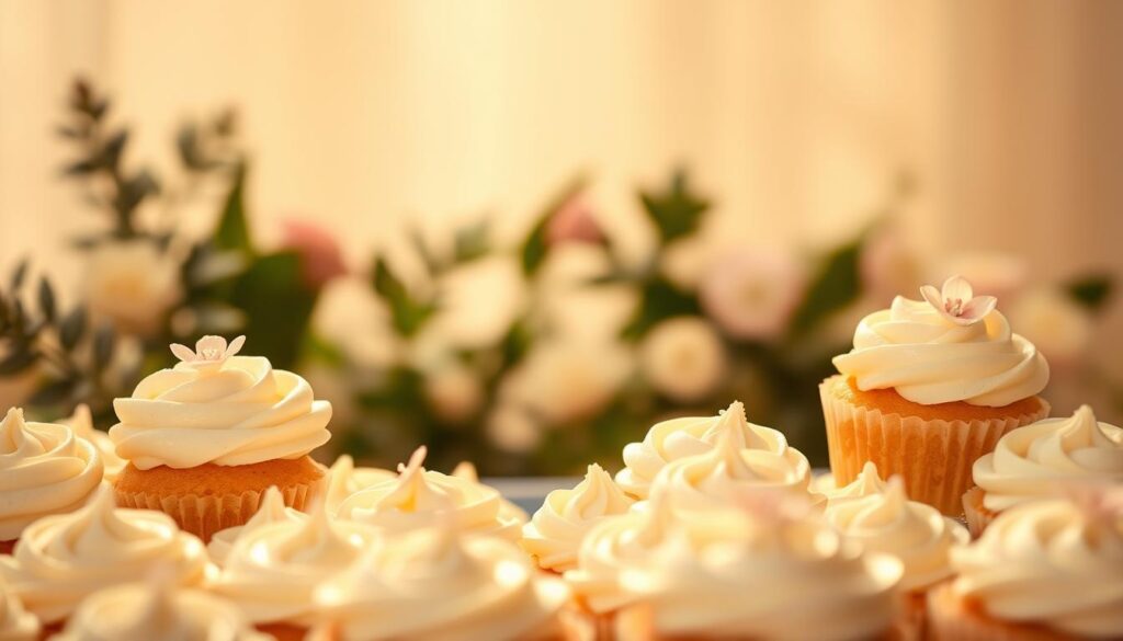 A sumptuous display of elegant wedding cupcakes, adorned with delicate floral patterns and a subtle sheen. The foreground features a cascade of mouthwatering cupcakes, each topped with intricate piped frosting and a solitary sugar flower. In the middle ground, a soft-focused backdrop of blurred greenery and muted tones sets a romantic, refined ambiance. Warm, directional lighting casts a gentle glow, accentuating the cupcakes' refined textures and creating captivating shadows. The overall composition evokes a sense of timeless sophistication, perfect for a chic wedding celebration.