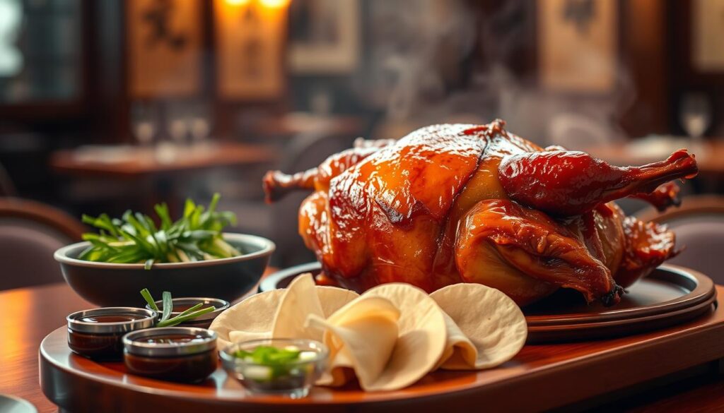 A sumptuous imperial treasure peking duck, freshly roasted to a golden-brown perfection, sits majestically on a wooden serving platter. Its crisp, lacquered skin glistens under warm, diffused lighting, inviting the viewer to savor its aromatic splendor. In the middle ground, delicate steamed pancakes and an array of condiments, including scallions, hoisin sauce, and fresh cucumber slices, await to complement the centerpiece dish. The background fades into a softly blurred, elegant restaurant setting, hinting at the refined ambiance that elevates this classic Cantonese delicacy to new heights of culinary artistry.