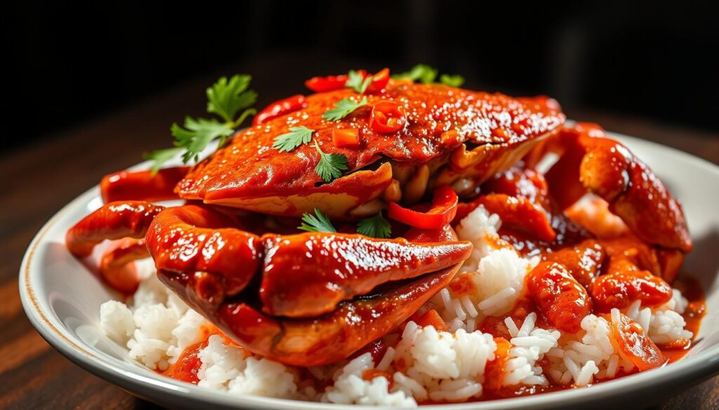 A sumptuous plate of Singapore chili crab with a vibrant tomato-chili sauce, glistening with freshness. The crustacean, its shell cracked open, rests on a bed of steaming white rice, inviting the diner to dive in. Aromatic spices and herbs infuse the rich, slightly sweet sauce, creating a harmonious balance of flavors. Garnished with sliced red chilies and fresh coriander, the dish exudes an air of authentic street food charm. Dramatic side lighting illuminates the textures, while a shallow depth of field keeps the focus on the star of the plate. The overall mood is one of mouthwatering temptation, capturing the essence of this iconic Singaporean delicacy.