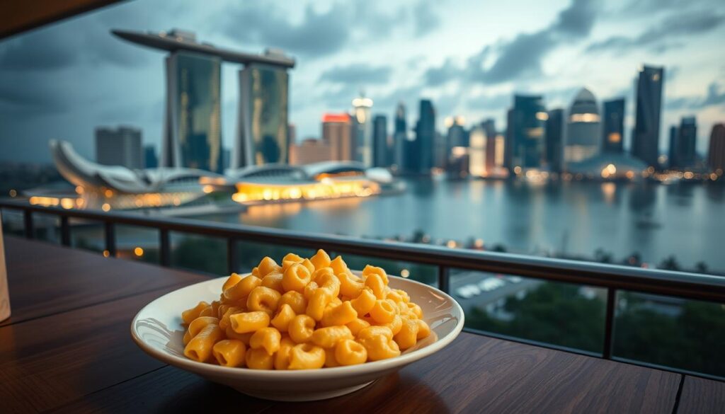 A sumptuous plate of creamy, golden-hued mac and cheese sits on a wooden table, framed by a panoramic view of the glittering Singapore skyline. Soft, ambient lighting illuminates the scene, casting a warm glow across the cheesy goodness. In the background, the iconic Marina Bay Sands hotel and surrounding skyscrapers create a stunning urban backdrop, their reflections shimmering in the calm waters of the bay. The composition is captured through a wide-angle lens, emphasizing the breathtaking juxtaposition of comfort food and cityscape. An air of tranquility and indulgence permeates the image, inviting the viewer to savor the moment and enjoy the best that Singapore's culinary landscape has to offer.