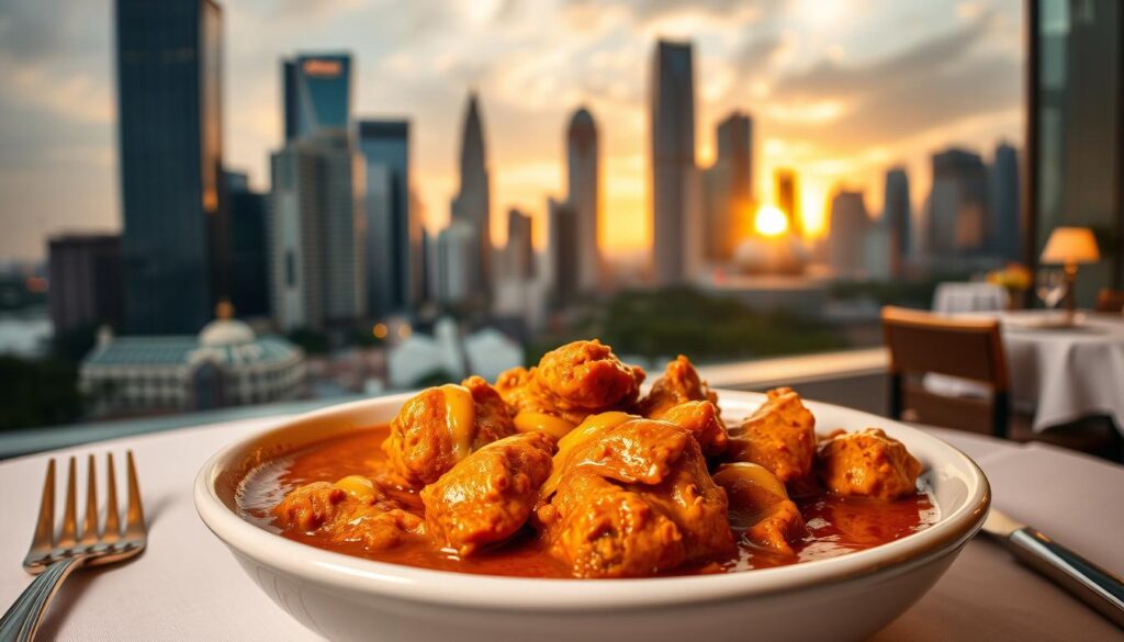 A sumptuous, regal butter chicken dish set against the backdrop of a bustling Singapore cityscape. In the foreground, tender chicken simmered in a rich, aromatic sauce, gilded with a drizzle of clarified butter. The middle ground features a beautifully appointed table setting, with polished brass cutlery and a crisp white tablecloth. In the distance, the iconic skyscrapers of the Central Business District rise up, bathed in warm, golden light from the setting sun. The scene evokes a sense of opulence and refined indulgence, perfectly suited for this premier butter chicken destination.