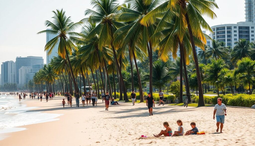 A sun-dappled beach on Singapore's East Coast Park, bustling with activities and leisure. In the foreground, families stroll along the golden sand, children building sandcastles and splashing in the gentle waves. In the middle ground, joggers and cyclists weave through the lush greenery lining the promenade, against a backdrop of sleek high-rises. Towering palm trees sway in the breeze, casting soft shadows over the scene. Bright, warm lighting illuminates the vibrant, colorful atmosphere, evoking a sense of seaside tranquility and outdoor recreation. A perfect capture of the beachside bliss found at this iconic Singaporean park.