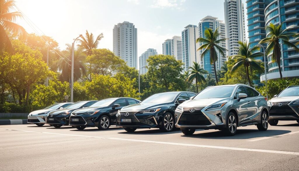 A sun-dappled city street in Singapore, with a row of sleek, cutting-edge hybrid vehicles prominently displayed. In the foreground, a pristine Toyota Prius, Hyundai Ioniq, and Honda Accord Hybrid gleam under the tropical light, their bold, aerodynamic silhouettes and advanced eco-friendly features on full display. In the middle ground, a Lexus ES300h and Kia Niro Hybrid cruise past, their efficient powertrains and luxurious interiors hinting at the advancements in hybrid technology. The background features a backdrop of lush greenery and modern high-rises, creating a vibrant, metropolitan atmosphere that showcases the integration of sustainability and innovation in the automotive landscape of Singapore.