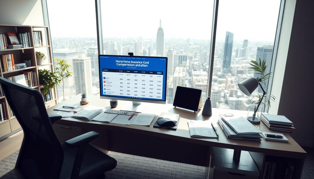 A sun-dappled office setting, with a large desk showcasing various documents, charts, and a computer screen displaying a detailed home insurance cost comparison. In the foreground, an ergonomic chair and sleek office accessories complement the modern decor. The middle ground features a bookshelf filled with industry-relevant publications, while the background depicts a panoramic window overlooking a bustling cityscape, conveying a sense of professionalism and authority. The lighting is soft and natural, creating a warm and inviting atmosphere, while the camera angle provides a balanced, eye-level perspective to engage the viewer.