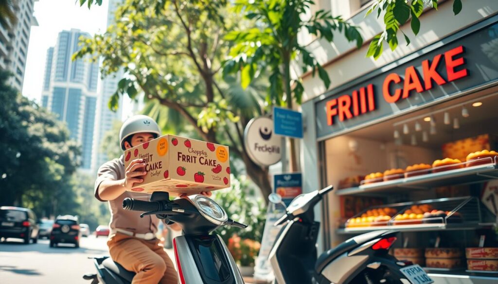 A sun-dappled urban street in Singapore, with a vibrant fruit cake shop on the corner. In the foreground, a delivery person on a sleek electric scooter holds a neatly packaged fruit cake box, ready to transport it to a customer's doorstep. The middle ground showcases the storefront, with an inviting display of rich, moist fruit cakes in a variety of flavors. The background features lush tropical foliage and high-rise buildings, creating a sense of a modern, bustling city. The overall mood is one of freshness, efficiency, and the promise of a delightful fruit cake experience. Crisp, warm lighting illuminates the scene, creating a welcoming and appetizing atmosphere.