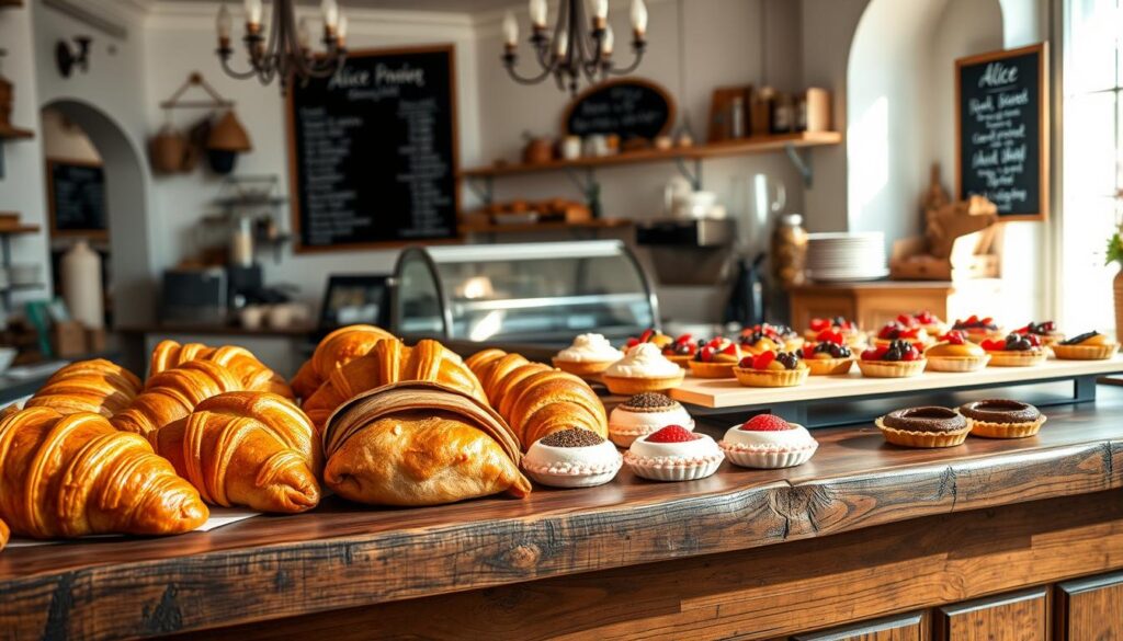A sun-drenched French bakery, Alice Boulangerie, displays an array of delectable pastries on a rustic wooden counter. In the foreground, flaky croissants, buttery pain au chocolat, and delicate macarons in vibrant hues catch the eye. The middle ground features a tempting selection of fruit tarts, their glistening glazes hinting at the tangy-sweet flavors within. In the background, the bakery's classic Parisian-inspired decor sets the scene, with whitewashed walls, ornate light fixtures, and a vintage chalkboard menu. The lighting is soft and warm, casting a cozy, inviting atmosphere that beckons the viewer to step inside and indulge in these irresistible French pastries.