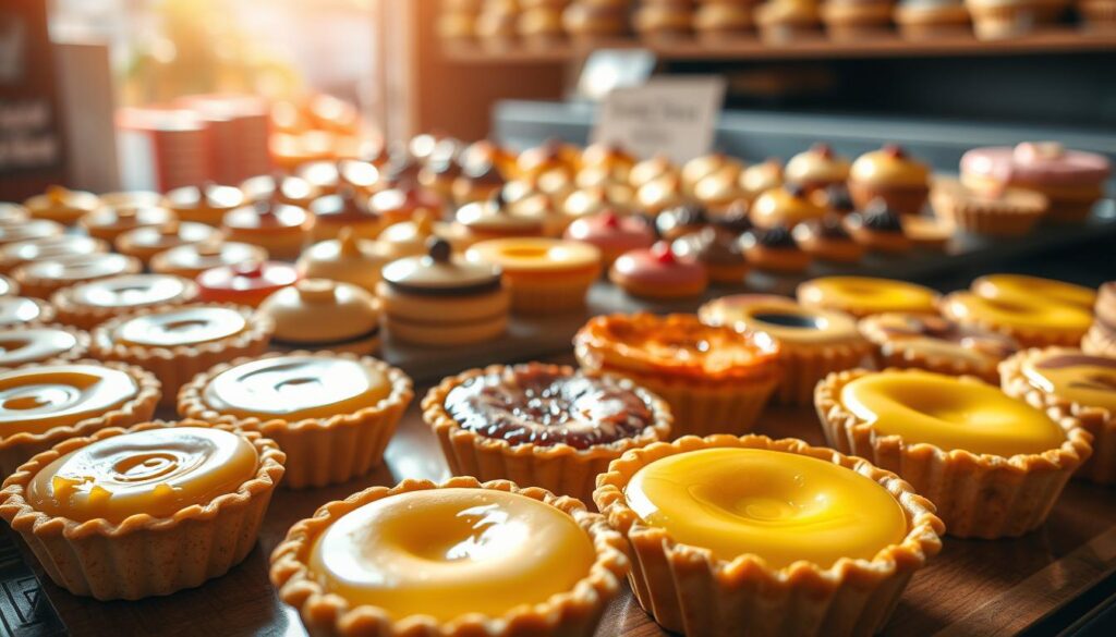 A sun-drenched bakery counter showcases an array of artisanal tarts, their crisp golden crusts and vibrant fillings glistening invitingly. In the foreground, a selection of classic Singapore tart favorites - silky smooth lemon tarts, decadent pineapple tarts, and crumbly buttery kaya tarts. In the middle ground, a diverse range of specialty tarts from renowned local bakeries, their unique flavors and intricate designs tantalizing the senses. The background is softly blurred, placing the focus on the tarts and conveying a sense of culinary mastery. Warm natural lighting bathes the scene, creating a welcoming and mouthwatering atmosphere.