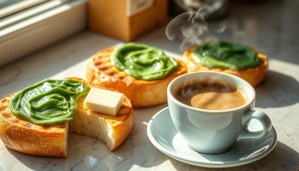 A sun-drenched countertop showcases a modern interpretation of the beloved Singaporean kaya toast. Freshly grilled brioche buns, their golden crusts glistening, are topped with a vibrant, emerald-hued kaya spread - a delicate fusion of coconut, pandan, and aromatic spices. Alongside, a pat of creamy butter melts into the warm bread, complementing the sweet, fragrant filling. In the foreground, a steaming cup of aromatic kopi, the quintessential Singaporean coffee, sits ready to be savored. The scene is bathed in soft, natural light, evoking a sense of casual elegance and the perfect balance of tradition and innovation.