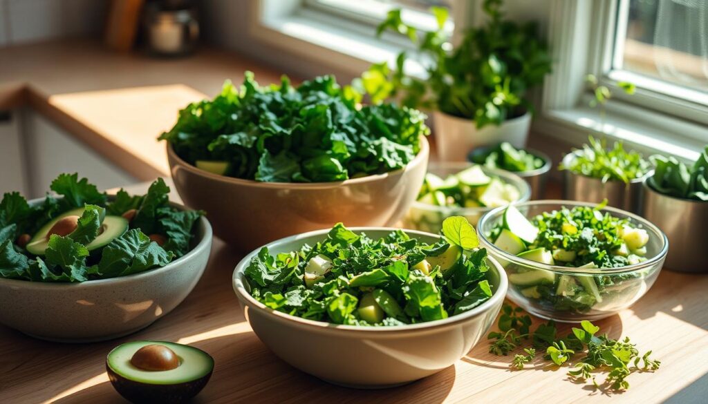 A sun-drenched kitchen counter, adorned with an array of vibrant green superfood bowls. Leafy kale, creamy avocado, crunchy cucumber, and freshly chopped herbs come together in a harmonious display of nutritious delights. Soft natural lighting from a nearby window casts a warm glow, highlighting the textural interplay between the smooth ceramic and the vibrant organic contents. A sense of purity and wellness emanates from the scene, inviting the viewer to indulge in the goodness of a nourishing, wholesome meal. The composition is balanced, with the bowls arranged in an aesthetically pleasing manner, creating a visually appealing and appetizing tableau.