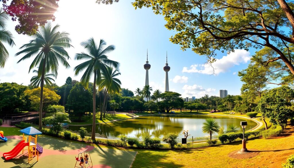 A sun-drenched panorama of Pasir Ris Park's lush landscapes and family-friendly attractions. In the foreground, a vibrant children's playground with colorful slides and swings invites young explorers. The middle ground features a tranquil pond, its glassy surface reflecting the towering palm trees and verdant foliage surrounding it. In the background, the distinctive architecture of the park's iconic observation tower stands tall, offering sweeping views of the scenic natural setting. Warm, golden sunlight filters through the canopy, creating a serene and inviting atmosphere perfect for a day of leisure and discovery.