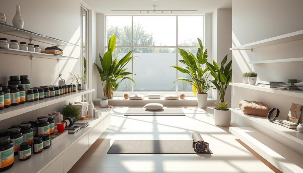 A sun-drenched scene of a modern, minimalist wellness center. In the foreground, an array of health supplements, yoga mats, and fitness trackers are artfully displayed on sleek, white shelves. The middle ground features a serene meditation space with plush cushions and natural lighting filtering through large windows. In the background, lush greenery and a tranquil water feature create a calming, spa-like ambiance. The overall atmosphere evokes a sense of balance, serenity, and the pursuit of holistic well-being. Crisp, clean lines and a muted color palette lend an air of sophistication to this serene oasis of health and wellness discounts.