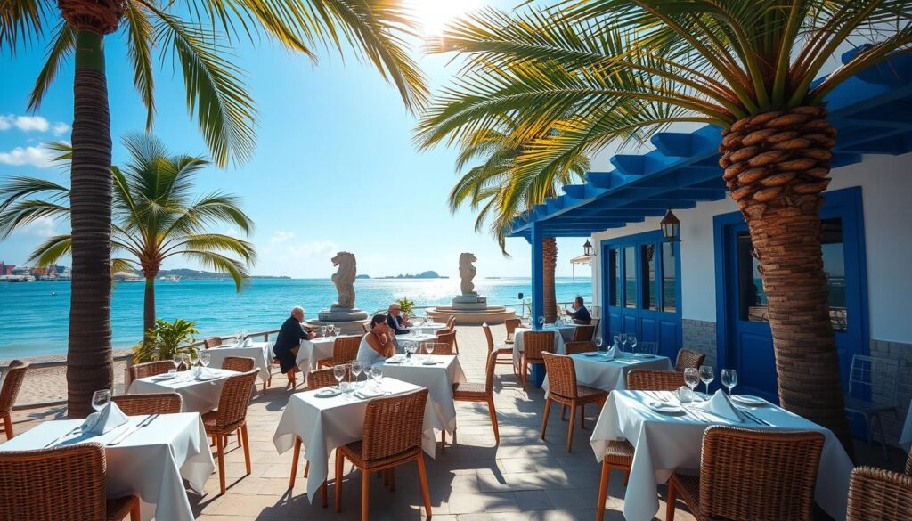 A sun-drenched seaside taverna nestled along the shores of Sentosa's idyllic coastline. The vibrant blue-and-white facade of Mykonos On The Bay stands in stark contrast to the azure waters lapping at the sandy beach. Tables adorned with crisp white linens and woven rattan chairs beckon diners to savor authentic Greek fare, while a gentle breeze rustles the lush palm fronds swaying overhead. In the distance, the iconic Merlion fountain stands proud, its gentle mist drifting across the tranquil bay. A wide-angle lens captures this quintessential Greek-Singaporean fusion, bathed in the warm glow of the late afternoon sun.