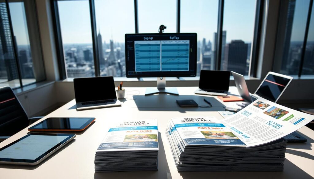 A sunlit office workspace with a large desk showcasing several tablets, laptops, and various financial documents. In the foreground, there is a stack of brochures and pamphlets highlighting different brokerage firms' sign-up promotions, displayed prominently. The middle ground features a modern computer monitor displaying comparative tables and graphs, allowing a side-by-side evaluation of the offers. The background depicts a panoramic city skyline visible through large windows, creating a professional and sophisticated atmosphere. The lighting is soft and even, accentuating the clean, minimalist design of the office. The overall scene conveys an informed, analytical approach to comparing brokerage sign-up promotions.