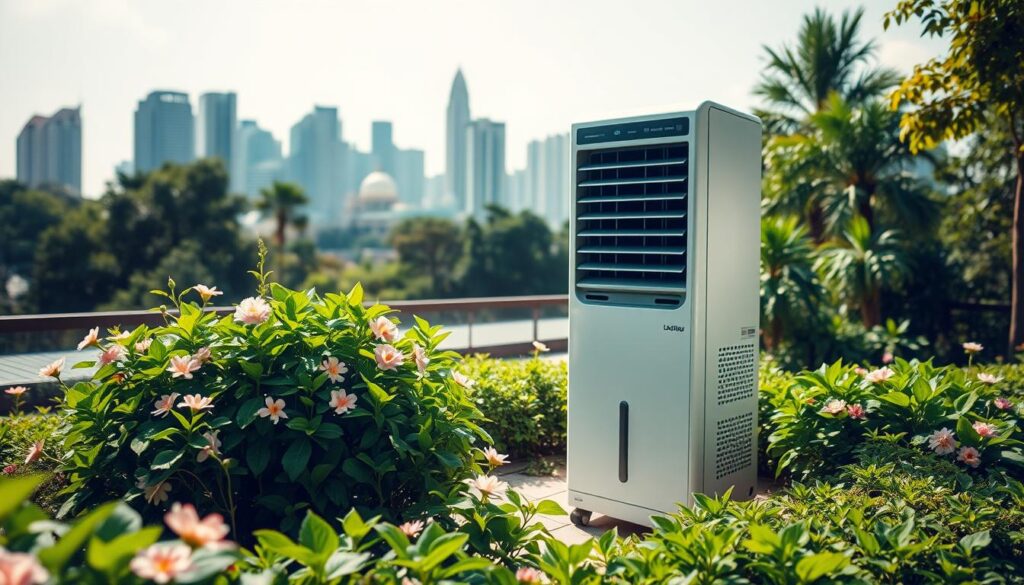 A sunlit outdoor scene showcasing the benefits of evaporative cooling. In the foreground, a lush, verdant garden with vibrant greenery and blooming flowers. In the middle ground, a sleek, modern air cooler unit stands prominently, its water-based cooling system visible. The background features a picturesque cityscape with towering skyscrapers, hinting at the urban setting. Soft, diffused lighting creates a warm, inviting atmosphere, and the angle captures the air cooler's sleek design from a slightly elevated perspective, emphasizing its efficiency and integration with the natural environment. The overall composition conveys the refreshing, eco-friendly nature of evaporative cooling, making it an ideal solution for the tropical climate of Singapore.