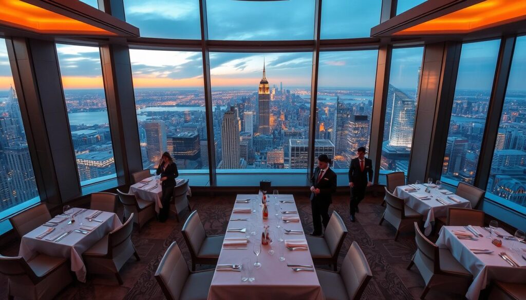A sweeping view of an elegant fine dining restaurant, perched atop a towering skyscraper in the heart of the bustling city. The expansive windows offer a panoramic vista of the glittering skyline, bathed in the warm glow of the setting sun. Crisp white tablecloths and gleaming silverware adorn the tables, while the carefully curated decor exudes an air of refined sophistication. A team of impeccably dressed servers move gracefully through the dining room, attending to the needs of the discerning patrons. The overall atmosphere is one of tranquil sophistication, inviting guests to savor the exquisite culinary creations before them.