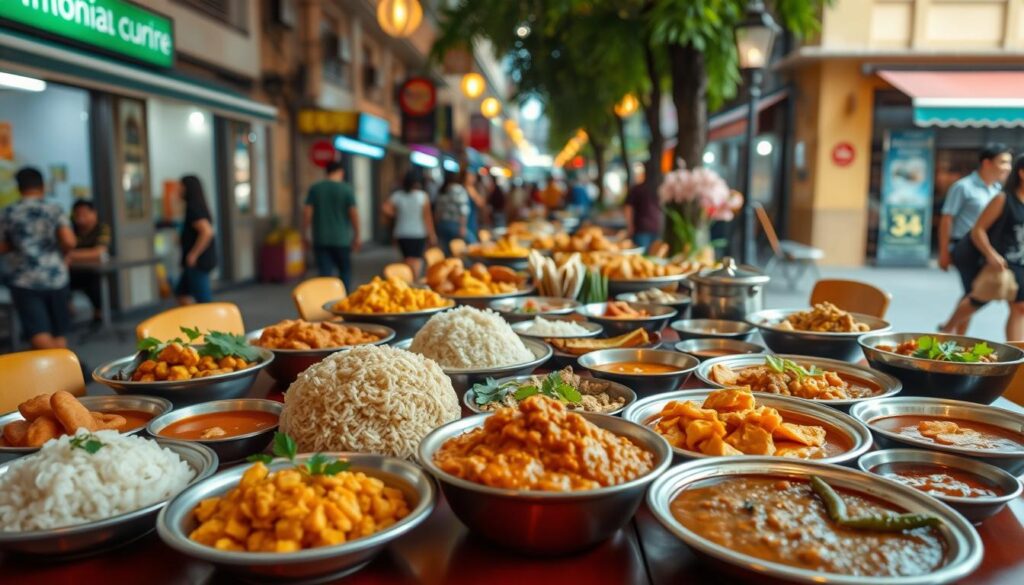 A table filled with a vibrant array of Indonesian dishes, set against the backdrop of a bustling Singaporean street. In the foreground, an assortment of fragrant curries, aromatic rice dishes, and flavorful sauces adorn the table, inviting the viewer to savor the authentic flavors of halal Indonesian cuisine. The middle ground features the lively atmosphere of a Singaporean neighborhood, with passersby and the distinct architecture of the region. The lighting is warm and natural, highlighting the vibrant colors and textures of the food. The overall scene evokes a sense of cultural immersion, transporting the viewer to the heart of a Singaporean dining experience.