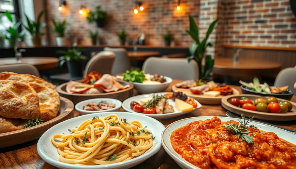 A table laden with a colorful array of regional Italian dishes in a cozy, modern Singaporean restaurant setting. In the foreground, a steaming plate of homemade pasta, accompanied by fragrant herbs and a rich tomato-based sauce. Beside it, a platter of freshly baked focaccia, drizzled with olive oil and sprinkled with rosemary. In the middle ground, a selection of charcuterie and cheese platters, complemented by marinated olives and sun-dried tomatoes. In the background, a minimalist interior with warm lighting, exposed brick walls, and potted plants, creating a relaxed, authentic atmosphere. The overall composition evokes the harmonious fusion of Italian culinary traditions and Singaporean hospitality.