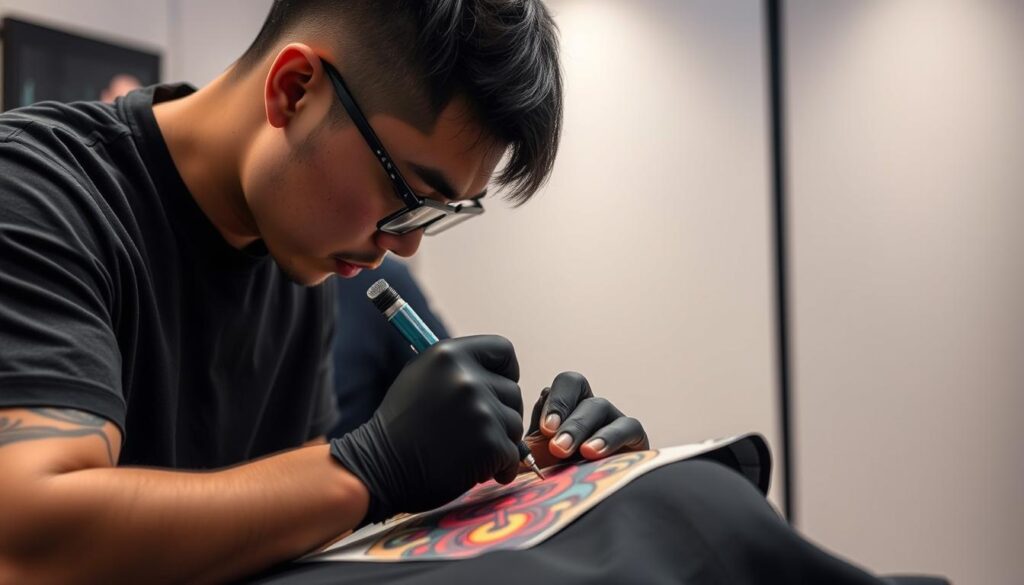 A talented tattoo artist at Hansan Studio in Singapore, working meticulously on a vibrant, Korean-inspired design. The artist's skilled hands guide the tattoo machine, creating intricate lines and bold colors against a backdrop of modern, minimalist decor. Soft, directional lighting illuminates the scene, casting subtle shadows and highlighting the artist's concentration. The atmosphere is one of creative focus and technical precision, capturing the essence of Hansan Studio's dedication to excellence in the art of tattooing.