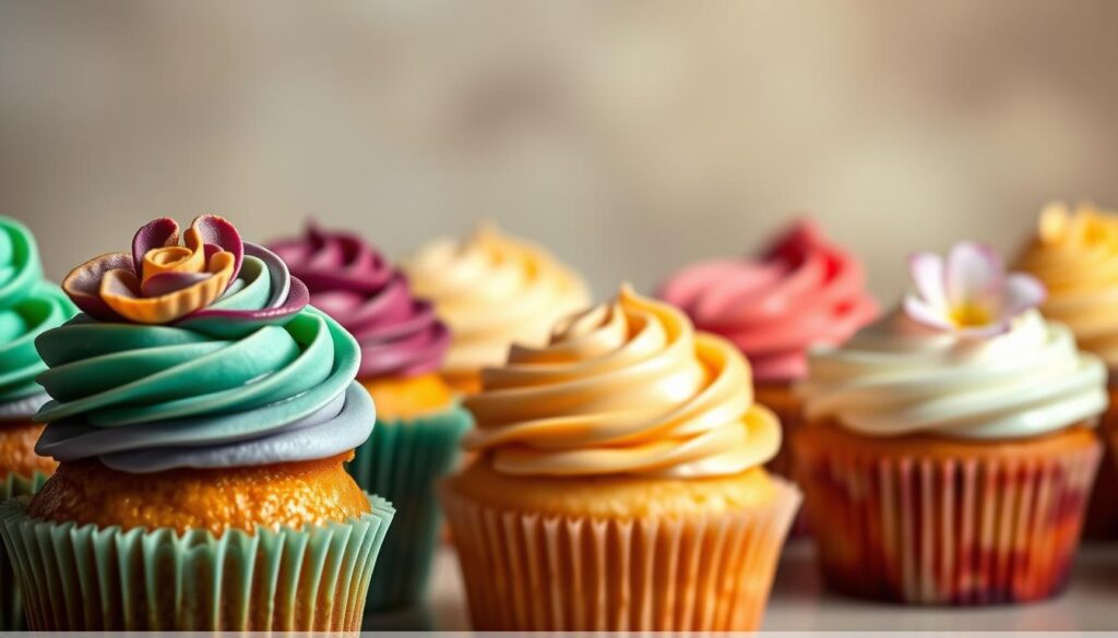 A tantalizing display of artfully crafted cupcakes, each showcasing a unique and captivating flavor profile. In the foreground, a trio of cupcakes with intricate, fondant-adorned toppings in vibrant hues of purple, mint green, and a warm, golden amber. The middle ground features a variety of cupcake varieties, from a classic red velvet with a swirling cream cheese frosting to a delicate floral-infused sponge with a delicate edible flower perched atop. In the background, a soft, diffused lighting creates a dreamy, ethereal atmosphere, highlighting the attention to detail and the passion poured into each delectable creation. The scene evokes a sense of wonder and delight, inviting the viewer to imagine the unique flavors and textures that await within these truly one-of-a-kind cupcakes.