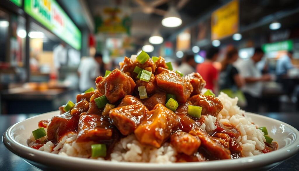 A tantalizing plate of braised pork rice, the centerpiece of a Singaporean hawker stall. In the foreground, tender chunks of pork, slow-cooked to perfection, nestled atop a bed of fragrant white rice. The pork's rich, savory sauce glistens under the warm, soft lighting, inviting the diner to dive in. In the middle ground, a scattering of vibrant green onions and a drizzle of sweet soy sauce, adding layers of flavor. The background features the bustling atmosphere of a local food court, with the hum of conversation and the aroma of various dishes wafting through the air, transporting the viewer to the heart of Singapore's renowned hawker culture.