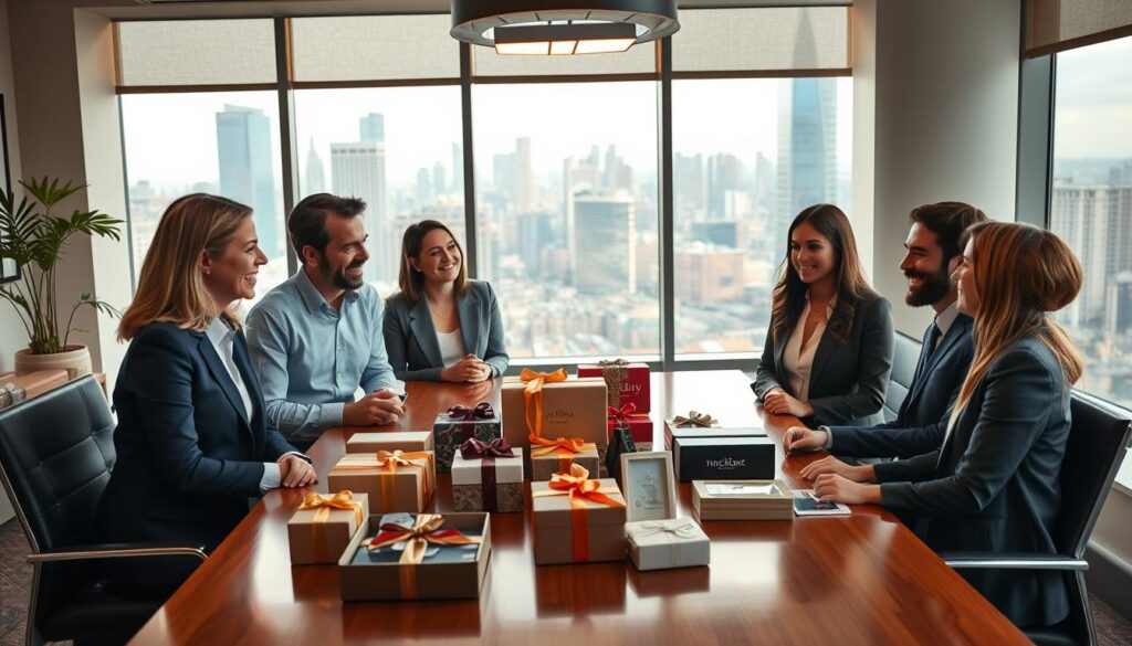 A tastefully decorated office space, with a team of professionals gathered around a conference table, discussing the details of an upcoming corporate gifting campaign. The room is bathed in warm, natural lighting, with large windows overlooking a bustling city skyline. On the table, a selection of high-quality, thoughtfully curated gifts are displayed, each showcasing the company's branding and attention to detail. The team members are engaged in animated conversation, their expressions reflecting a sense of collaboration and excitement about the project. The overall atmosphere conveys a professional, yet welcoming and personalized approach to corporate gifting, creating an image of a successful and impactful campaign. A tastefully decorated office space, with a team of professionals gathered around a conference table, discussing the details of an upcoming corporate gifting campaign. The room is bathed in warm, natural lighting, with large windows overlooking a bustling city skyline. On the table, a selection of high-quality, thoughtfully curated gifts are displayed, each showcasing the company's branding and attention to detail. The team members are engaged in animated conversation, their expressions reflecting a sense of collaboration and excitement about the project. The overall atmosphere conveys a professional, yet welcoming and personalized approach to corporate gifting, creating an image of a successful and impactful campaign.