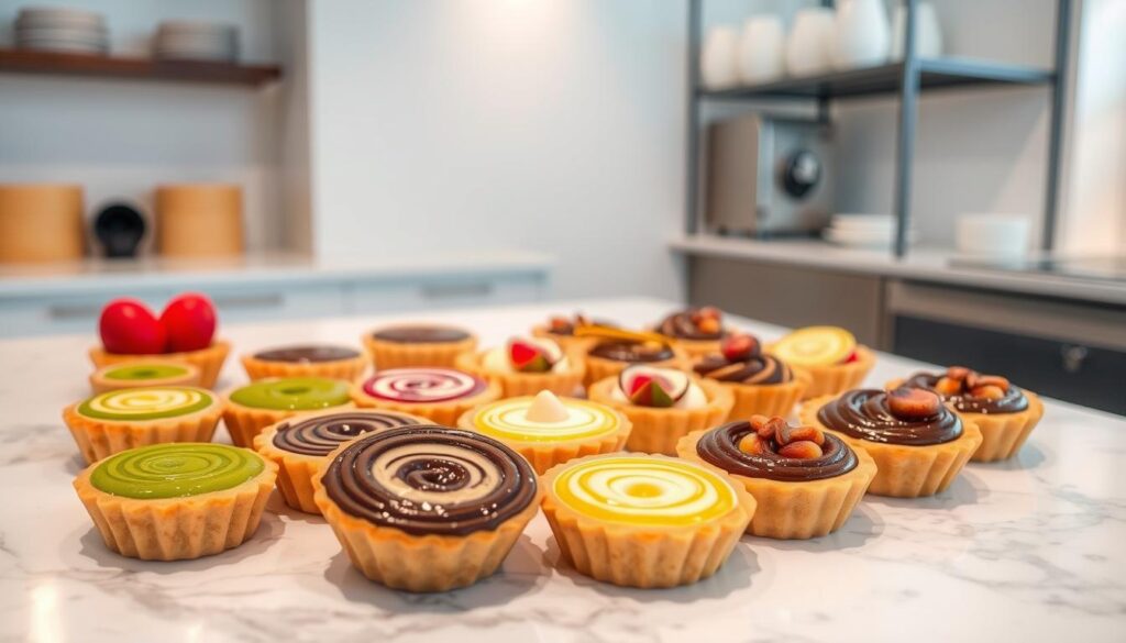 A tempting display of innovative egg tart flavors, artfully arranged on a modern marble countertop. In the foreground, a vibrant assortment of tarts in unexpected hues - from a rich matcha green to a decadent chocolate swirl, each one a unique culinary creation. The middle ground showcases delicate tarts filled with exotic fruits like passionfruit and lychee, their glazed surfaces shimmering under soft, warm lighting. In the background, a minimalist backdrop of clean, white walls and sleek, metal shelving allows the tarts to take center stage, their intricate designs and innovative flavors the true stars of this enticing scene.
