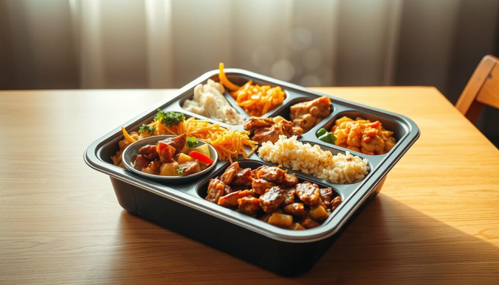 A tidy, well-organized tingkat container resting on a clean, wooden table. The tingkat features an assortment of delicious, home-cooked Singaporean dishes, each compartment brimming with vibrant colors and enticing aromas. The lighting is warm and natural, casting a soft glow across the scene. The camera angle is slightly elevated, capturing the tingkat in all its appetizing glory. The overall mood is one of comfort, nourishment, and the joy of sharing a traditional Singaporean meal. The background is pleasantly blurred, allowing the tingkat to take center stage.