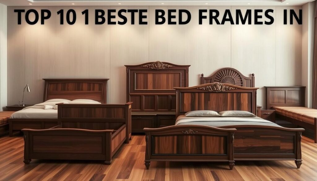 A tranquil bedroom setting featuring an array of exquisite wooden bed frames. The foreground showcases a selection of finely crafted wooden beds, ranging from sleek, minimalist designs to ornate, intricate pieces. The middle ground captures the warmth and natural beauty of the wooden grains, with varying tones and textures that create a harmonious and inviting atmosphere. In the background, a serene, neutral-toned wall provides a calming backdrop, allowing the wooden bed frames to take center stage. The lighting is soft and diffused, casting a gentle glow that accentuates the natural warmth of the wood. The overall scene conveys a sense of sophistication, comfort, and timeless elegance, perfectly suited for the "Top 10 Best Bed Frames in Singapore" section.