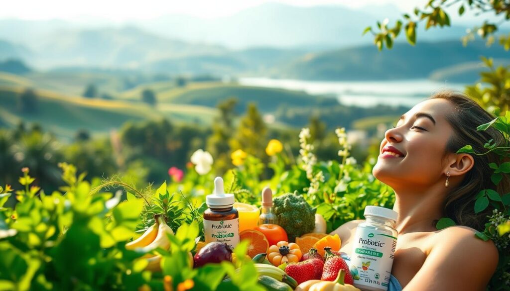 A tranquil, glowing garden scene showcasing the holistic benefits of probiotics. In the foreground, a woman relaxes amidst lush, vibrant greenery, her skin radiating a healthy, youthful glow. The middle ground features an array of probiotic-rich foods and supplements, their vibrant colors and textures inviting exploration. In the background, a serene landscape unfolds, with rolling hills, a calming body of water, and a soft, diffused lighting that creates an atmosphere of balance and wellbeing. The overall scene conveys the synergistic effects of probiotics on both skin and mind, promoting a sense of harmony and vitality.