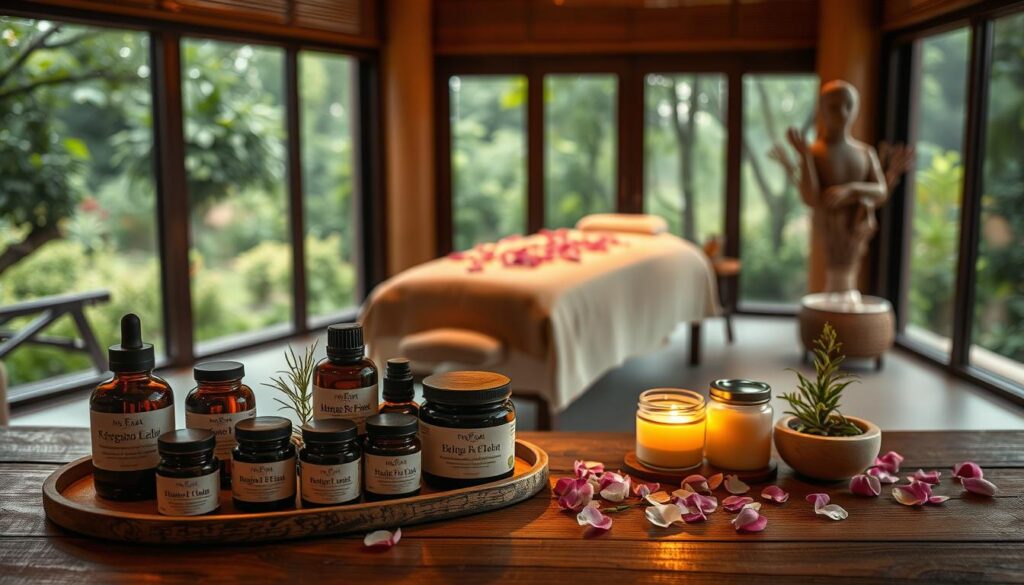 A tranquil spa setting featuring a serene array of natural beauty treatments. In the foreground, a wooden table displays an assortment of organic skincare products, including jars of essential oils, creams, and botanical-infused face masks. Warm, soft lighting bathes the scene, casting a gentle glow on the arrangement. In the middle ground, a plush massage table is adorned with fresh flower petals, hinting at the restorative treatments available. The background showcases a lush, verdant landscape visible through large windows, creating a calming, nature-inspired ambiance. The overall atmosphere evokes a sense of relaxation, rejuvenation, and a holistic approach to aesthetic enhancement.