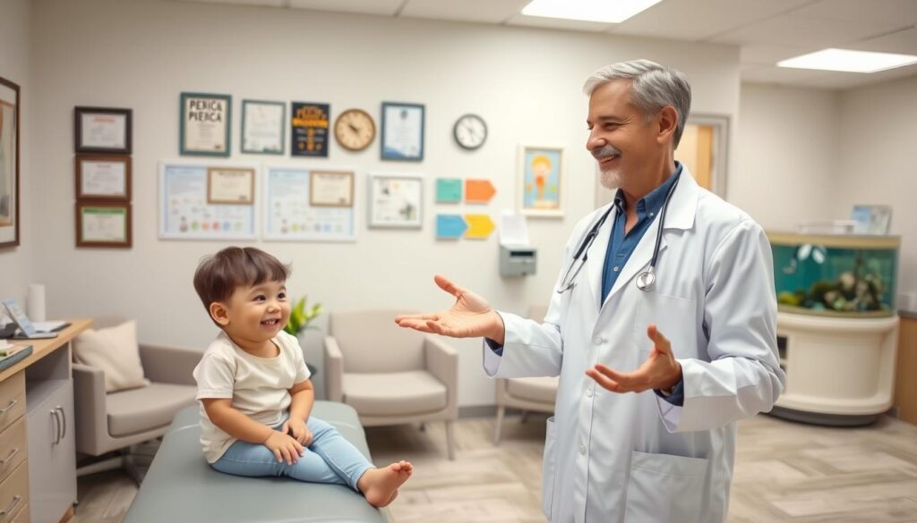 A tranquil, well-appointed medical office with modern furnishings and soothing colors. In the foreground, a friendly, attentive pediatrician in a white coat gestures warmly while speaking to a smiling child sitting on an exam table. The middle ground features a wall display showcasing certifications and awards, conveying the doctor's expertise. The background depicts a bright, airy waiting room with comfortable seating, educational posters, and a cheerful aquarium, creating a welcoming atmosphere for young patients and their families.