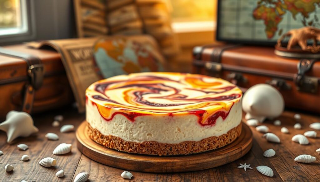 A travel-inspired cheesecake on a wooden table, artfully presented against a backdrop of vintage suitcases, world maps, and scattered seashells. The dessert has a golden-brown crust, with a creamy, cloud-like filling swirled with vibrant, fruit-inspired hues. Warm lighting from a nearby window casts a soft, inviting glow, while the overall composition evokes a sense of adventure, discovery, and the flavors of far-off lands. The image has a depth of field that keeps the cheesecake in sharp focus, while the surrounding elements provide a captivating, wanderlust-inducing scene.