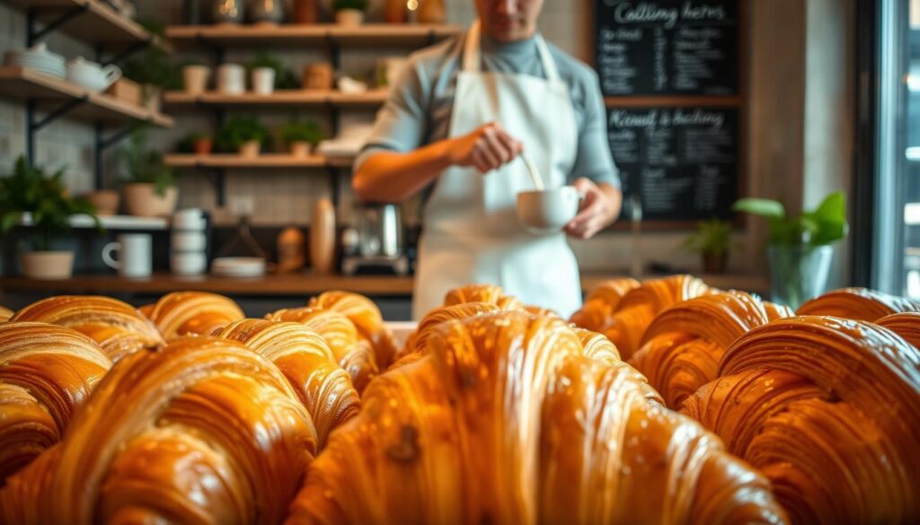 A tray of buttery, flaky croissants freshly baked at Kwaasong Bakehouse, a quaint French patisserie in Singapore's Lor Telok. The croissants are golden-brown, their glossy surfaces reflecting the warm glow of the bakery's softly lit interior. The foreground is in sharp focus, showcasing the intricate layers and delicate crumb structure. In the middle ground, a barista in a crisp white apron is artfully pouring steamed milk into a ceramic cup, creating a captivating contrast of textures and temperatures. The background features the bakery's charming ambiance, with weathered wooden shelves, potted plants, and a vintage chalkboard menu. The overall scene evokes a sense of cozy European sophistication, inviting the viewer to indulge in the captivating aromas and flavors of Kwaasong Bakehouse's artisanal offerings.