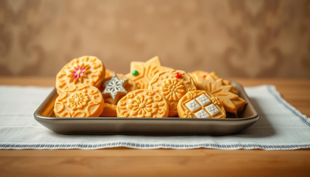 A tray of festive halal-certified cookies, artfully arranged on a wooden table. The cookies are a delicate shade of golden brown, adorned with intricate patterns and delicate decorations that evoke the spirit of a traditional Singaporean Kueh Bangkit. Soft, diffused lighting casts a warm, inviting glow, highlighting the cookies' delicate textures and vibrant colors. In the background, a minimalist, earthy-toned backdrop complements the natural, homemade aesthetic. The overall composition exudes a sense of celebration, making these cookies an irresistible treat for all to enjoy, regardless of dietary restrictions.