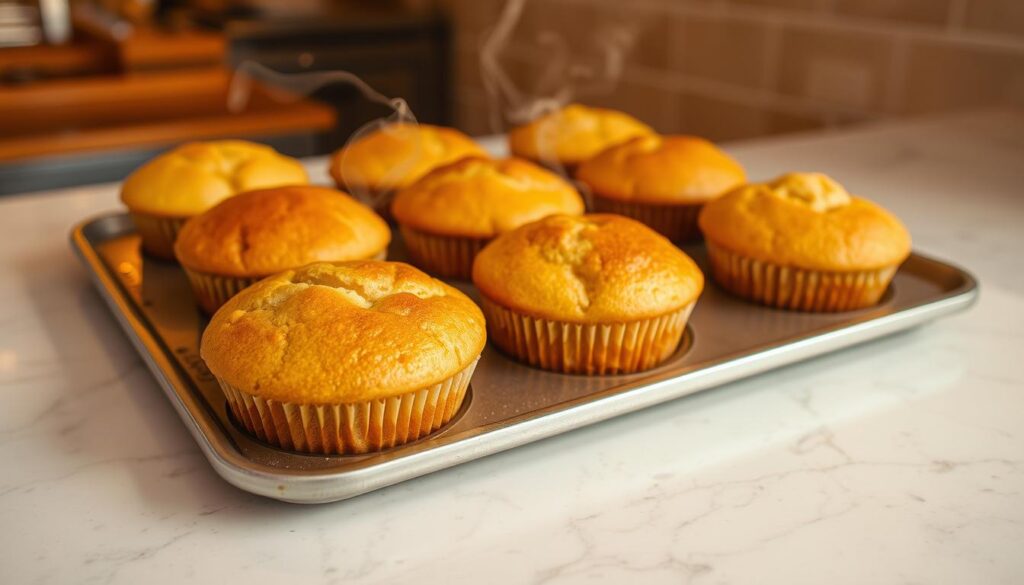 A tray of freshly baked plain vanilla muffins resting on a marble countertop, their golden-brown tops glistening under the warm, soft lighting of a cozy bakery. The muffins' tender, moist crumb is visible through the crisp, delicate crust, inviting a closer look. Wisps of steam curl up from the muffins, hinting at their just-out-of-the-oven warmth. The scene is captured with a clean, neutral background that allows the muffins to take center stage, showcasing their simplicity and elegance. A shallow depth of field keeps the focus on the muffins, while subtle shadows and highlights accentuate their delicate texture and form.