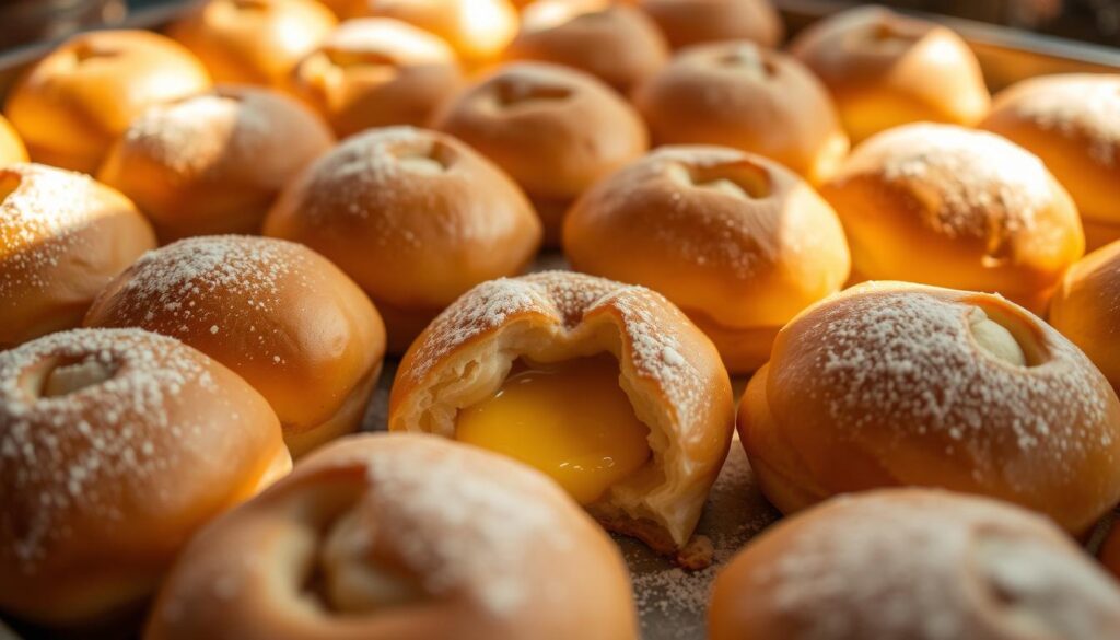 A tray of perfectly golden-brown sourdough bomboloni freshly baked at Sourbombe Artisanal Bakery. The pillowy soft dough has a tantalizing crisp exterior, dusted with a light layer of powdered sugar. In the center, a pool of warm, gooey custard oozes out, beckoning to be devoured. Shafts of warm light illuminate the delectable pastries, casting a cozy, inviting glow. The scene is captured with a shallow depth of field, drawing the eye to the irresistible bomboloni in sharp focus, while the background softly blurs away.