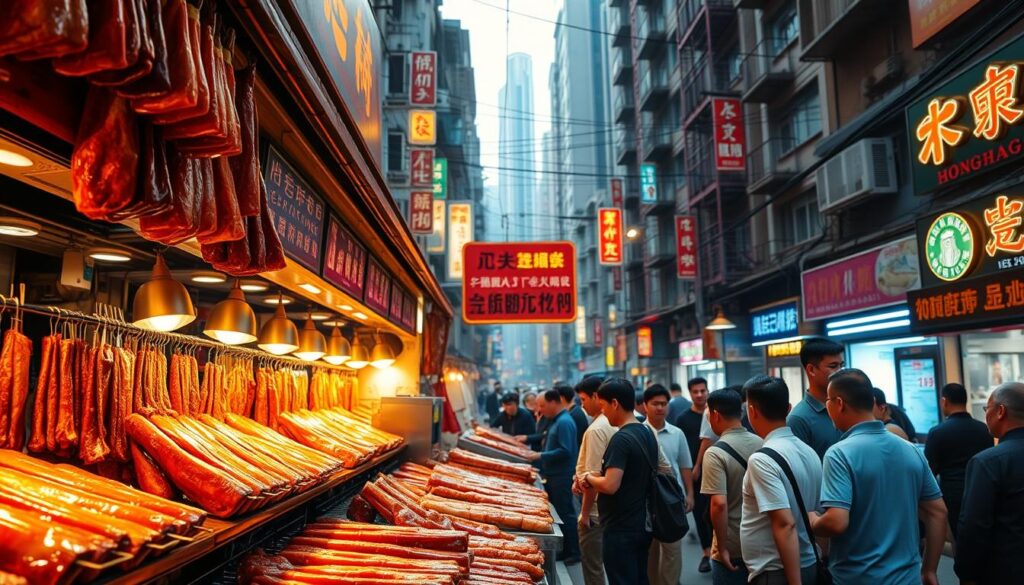 A vibrant Hong Kong street scene, bathed in warm, golden light from a row of roast meat shops. In the foreground, a bustling display of glistening, lacquered char siu, siu yuk, and other Cantonese delicacies, their rich aromas wafting through the air. Customers queue patiently, eagerly awaiting their turn to select the finest cuts. In the middle ground, the shop's signage stands proudly, showcasing the establishment's heritage and expertise. The background is a blur of neon-lit tenement buildings, electric wires, and the hustle and bustle of a thriving urban landscape. The overall atmosphere exudes a sense of tradition, authenticity, and the mouthwatering allure of Hong Kong's iconic roast meat culture.