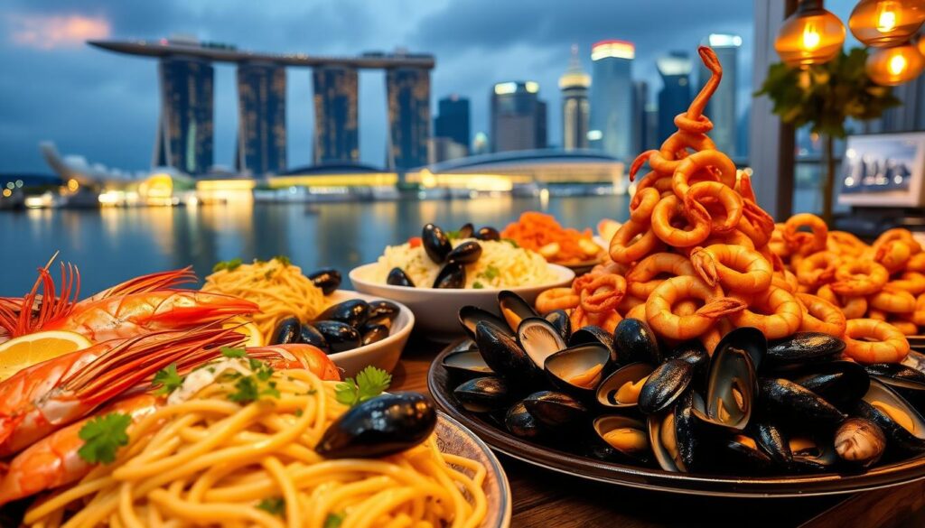 A vibrant Italian seafood feast set against the bustling cityscape of Singapore. In the foreground, a sumptuous display of freshly caught prawns, mussels, and clams, glistening with lemon and herbs. In the middle ground, a table laden with spaghetti alle vongole, creamy risotto alla pescatore, and a towering platter of grilled calamari. The background features the iconic Marina Bay Sands, its sleek towers and glittering lights reflecting in the calm waters. Warm, golden lighting illuminates the scene, creating a cozy, inviting atmosphere. The image conveys the fusion of Italian culinary elegance and the vibrant, cosmopolitan spirit of Singapore.