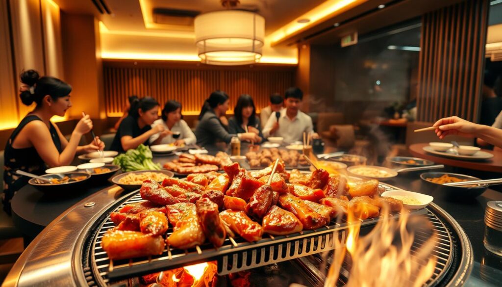 A vibrant Korean BBQ buffet scene with a cozy, intimate ambiance. In the foreground, an array of sizzling meats and side dishes arranged on a sleek, metal grill. Flames dance beneath, casting a warm glow. In the middle ground, diners engrossed in lively conversation, chopsticks in hand, savoring the smoky flavors. The background showcases a modern, minimalist decor with clean lines, natural wood accents, and soft, indirect lighting that creates a welcoming, upscale atmosphere. The overall mood is one of shared culinary delight, cultural immersion, and a celebration of the Korean BBQ dining experience.