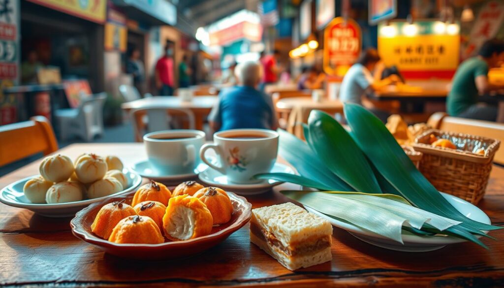 A vibrant Singaporean breakfast spread of traditional kueh on a rustic wooden table, bathed in warm, natural lighting. In the foreground, an assortment of colorful kueh, such as ondeh-ondeh, kueh lapis, and kueh dadar, arranged with care. The middle ground features a steaming cup of kopi, the classic Singaporean coffee, and a selection of fragrant pandan leaves. The background showcases the bustling hawker center atmosphere, with glimpses of other diners and the lively neighborhood setting.