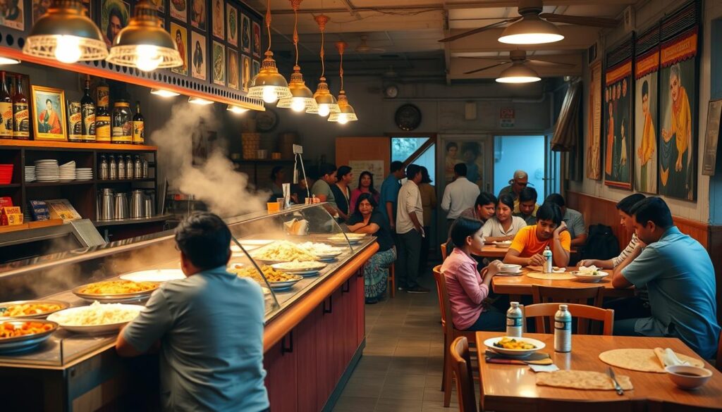 A vibrant and bustling South Indian restaurant interior, with a counter displaying an array of budget-friendly dishes. Fragrant curries, steaming rice, and crisp dosas take center stage, illuminated by warm, diffused lighting. Patrons gather around simple wooden tables, enjoying the lively atmosphere and authentic flavors. In the background, glimpses of colorful artwork and textiles add to the cozy, homely ambiance. The scene evokes a sense of community, where delicious and affordable South Indian cuisine is celebrated.